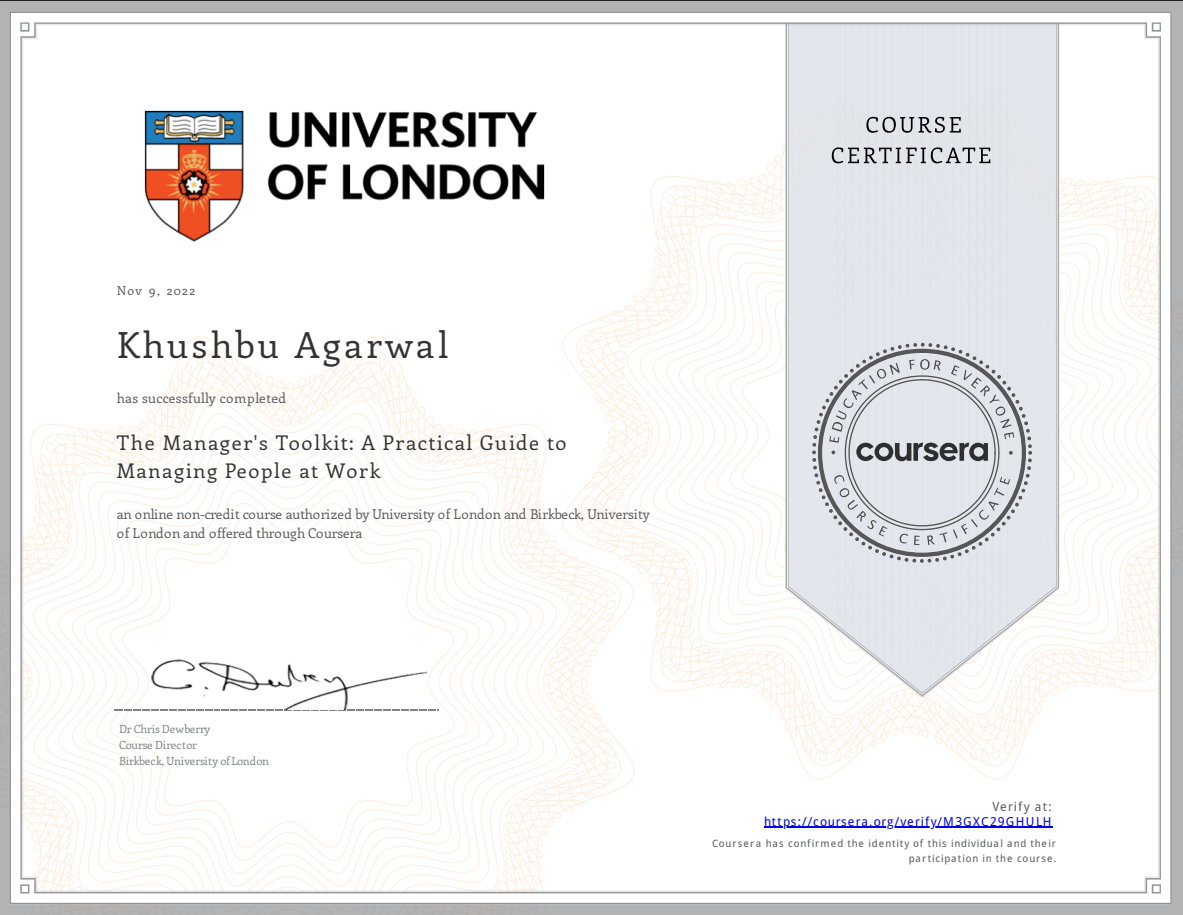 Certificate for The Manager's Toolkit
