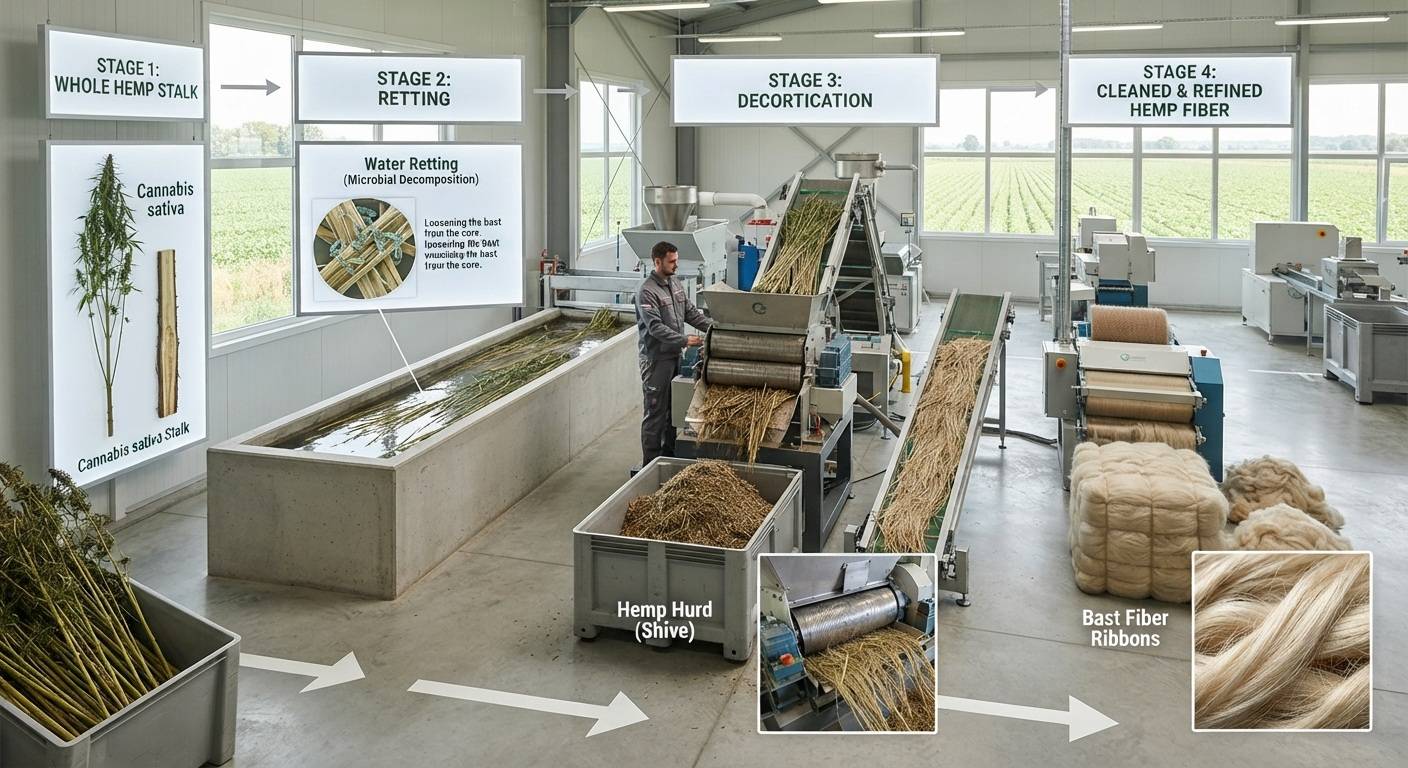 Hemp fiber processing stages from hemp stalk to prepared fiber