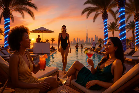 Friends enjoy cocktails on lounge chairs beside a pool at sunset with the Dubai skyline and Burj Khalifa visible in the distance. Palm trees feature blue lights.