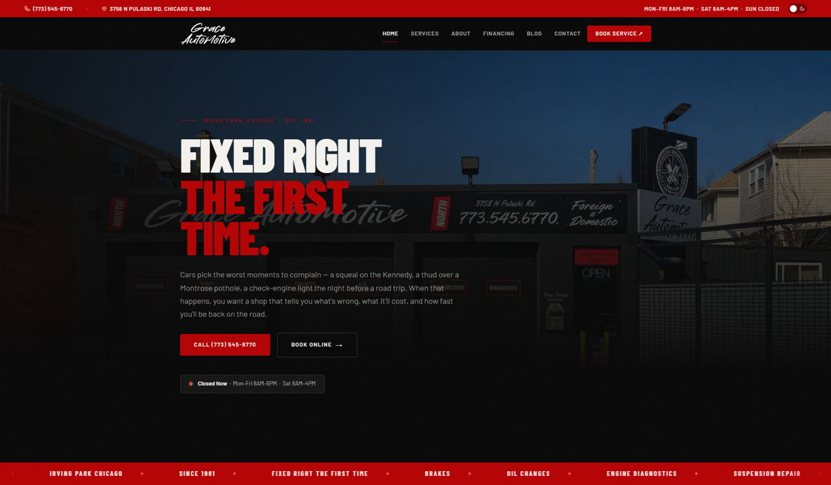 Screenshot of Grace Automotive , from the auto repair websites collection.