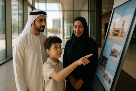 An Arab family, father, mother in hijab, and son, stands before a digital display showing historical photos of buildings in a museum. The son points at an image.