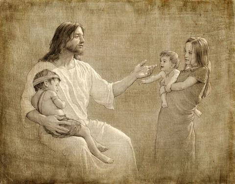 Sepia drawing of Jesus interacting with three children.