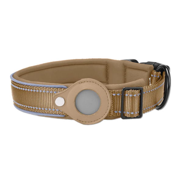 Khaki Secure Nylon Dog Collar with Built-in Apple AirTag (not included) Holder Case - Pet Tracker Accessory