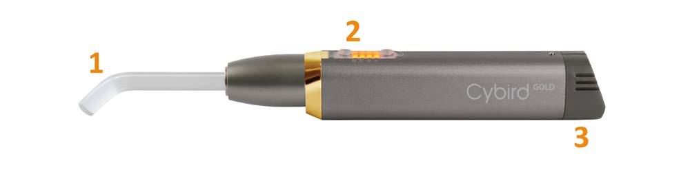 cyborg gold curing light with numbering 1,2,3 on the light guide, button, and battery