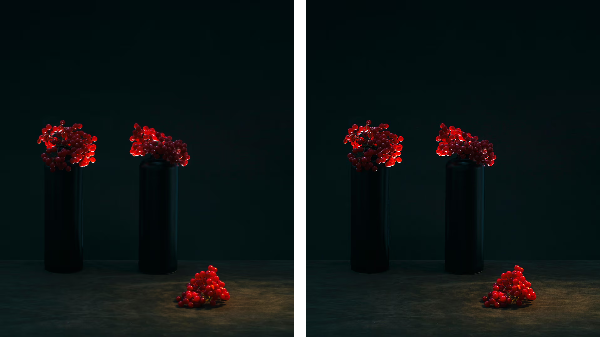 Black bottles on a dark background. Original on the left, sharpened on the right