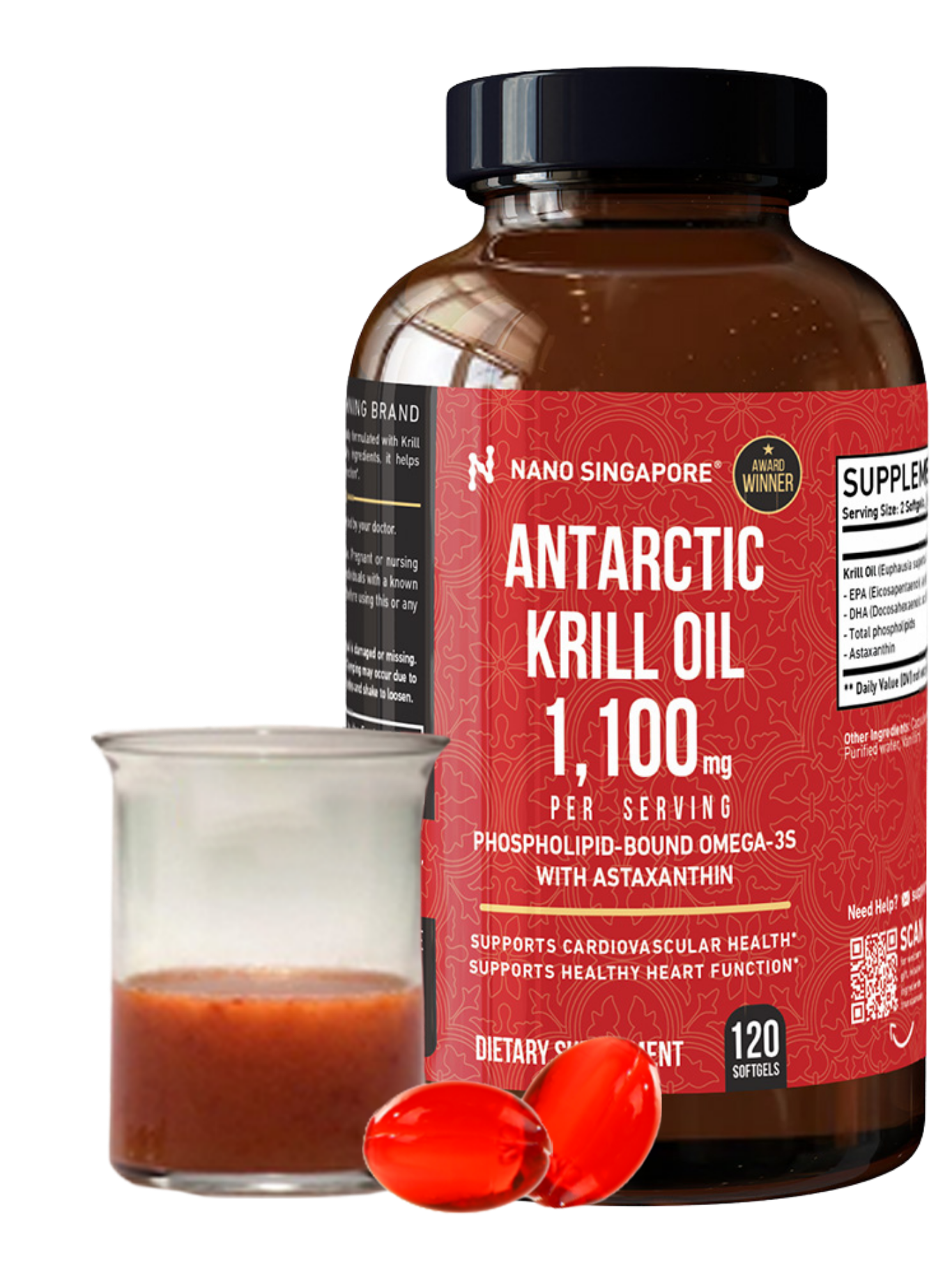 a bottle of krill oil singapore next to a cup of krill concentrate
