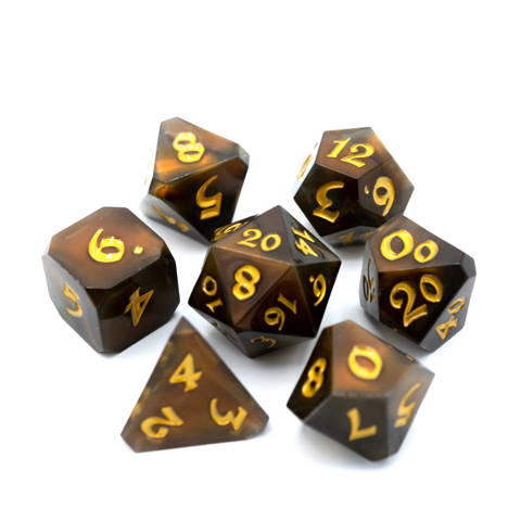 Meticulously designed DnD dice set with custom font and sharp corners yet blunted tips, this dice set is called Avalore Talisman Tigress.