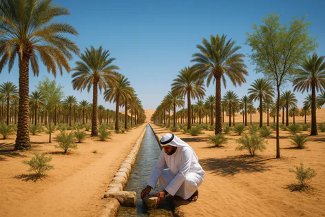 Man in white thobe kneeling beside a narrow irrigation channel flowing through a large desert date palm oasis with rows of trees under a bright blue sky.