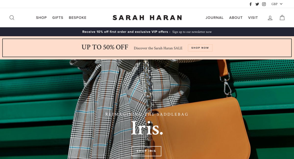Screenshot of Sarah Haran, from the shopify stores collection.