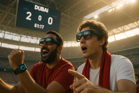 Two diverse men wearing sleek smart glasses react with astonishment watching a match in a stadium, scoreboard reads Dubai 2-0.
