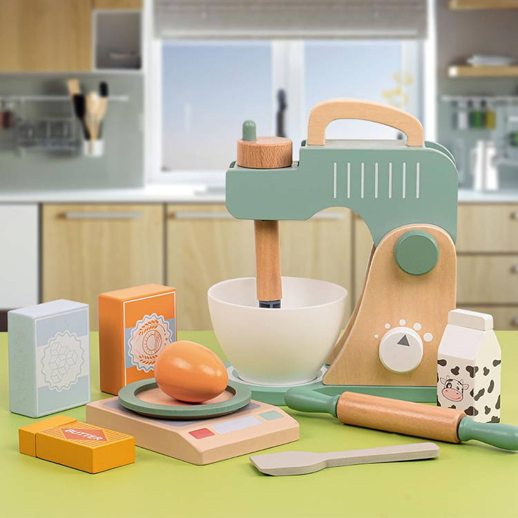 Wooden pretend play mixer set in the kitchen.