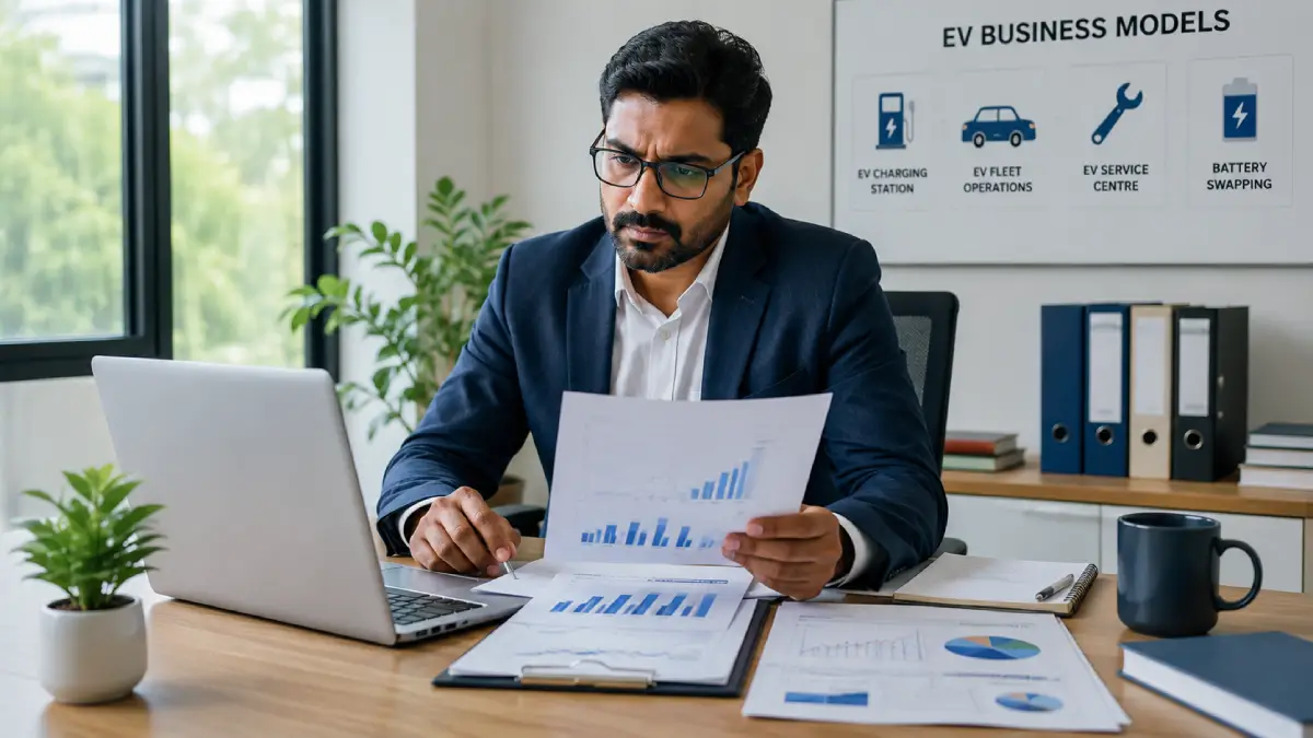 Business owner reviewing plans for an EV business investment.