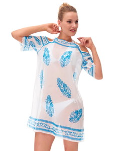 Aqua Perla Womens Natasha Blue Printed Bikini Cover up Beach Dress