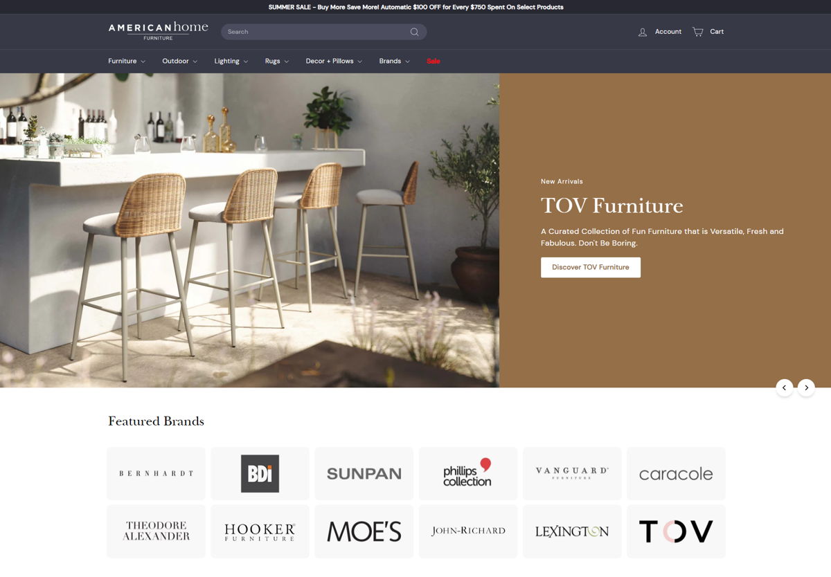 Screenshot of American Home Furniture, from the shopify furniture stores collection.