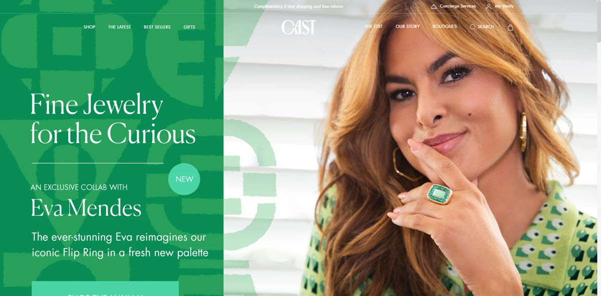 Screenshot of Cast Jewelry, from the shopify jewelry stores collection.