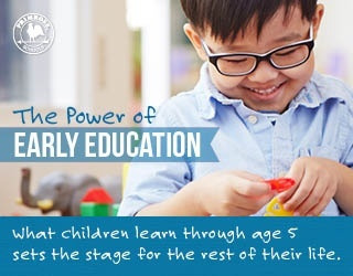 Power of early education poster featuring a young boy playing happily with colorful discs