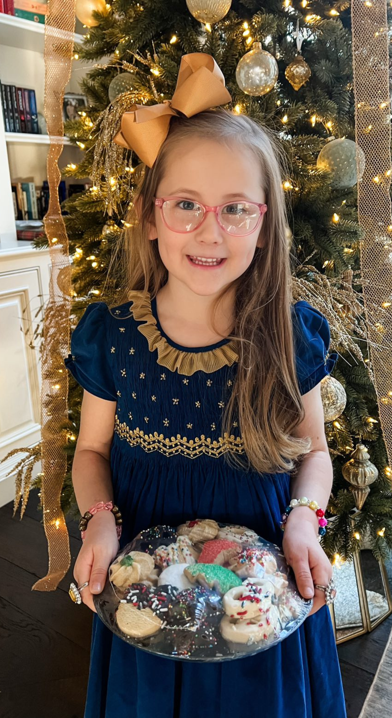 Navy and gold smocked dress