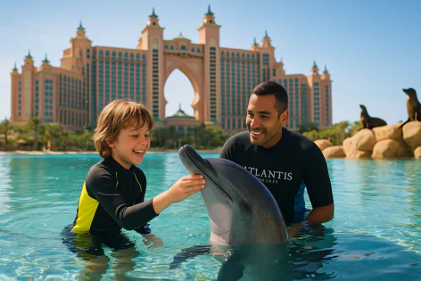 A happy young boy gently pets a dolphin's head in clear water. A smiling instructor is with them. The Atlantis hotel building and sea lions on rocks are visible in the sunny background.
