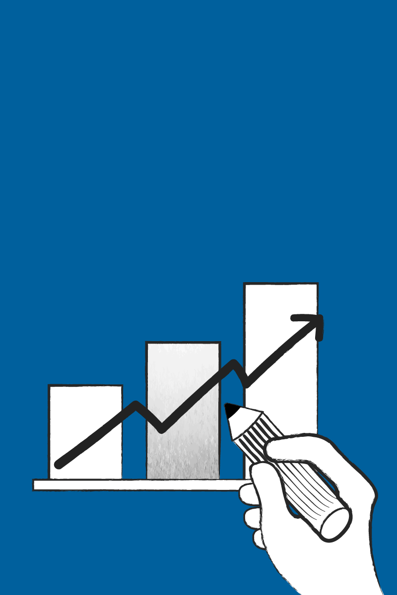 Graphic art showcasing a hand holding a pencil following along an increasing bar graph.