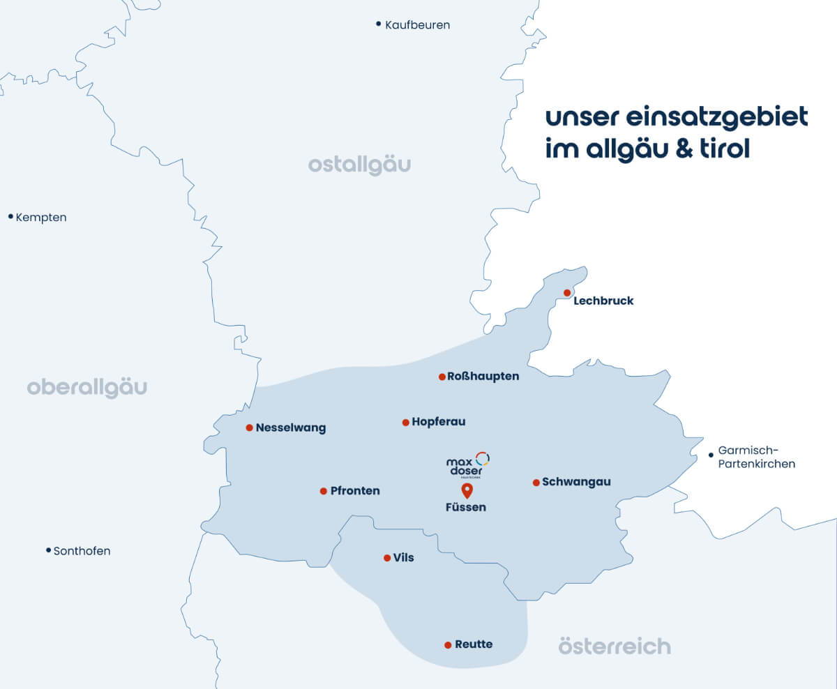 Karte mit Einsatzgebiet von Max Doser - Sitz südlich im Ostallgäu mit Einsatzgebiet im Radius von ca. 25 km Entfernung - im Allgäu und Tirol