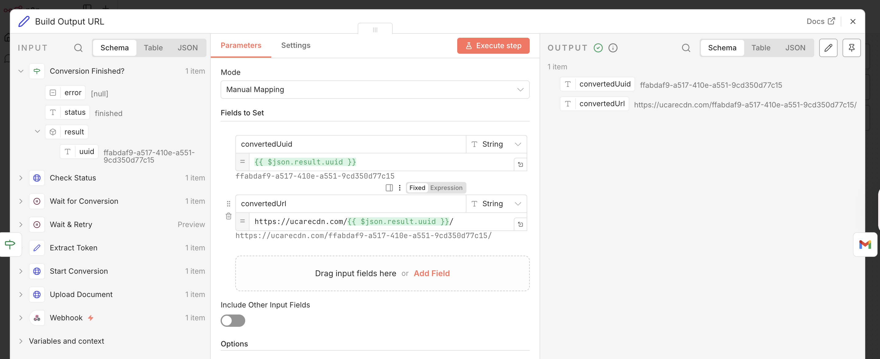 n8n Set node building the output CDN URL