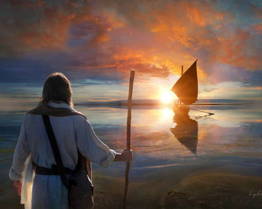 Jesus stadning on the shore about to beckon to the apostles in the fishing boat. 