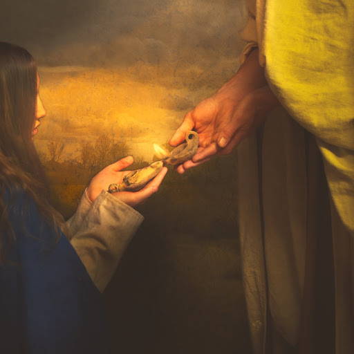 Jesus lighting a young woman's lamp with His lamp.
