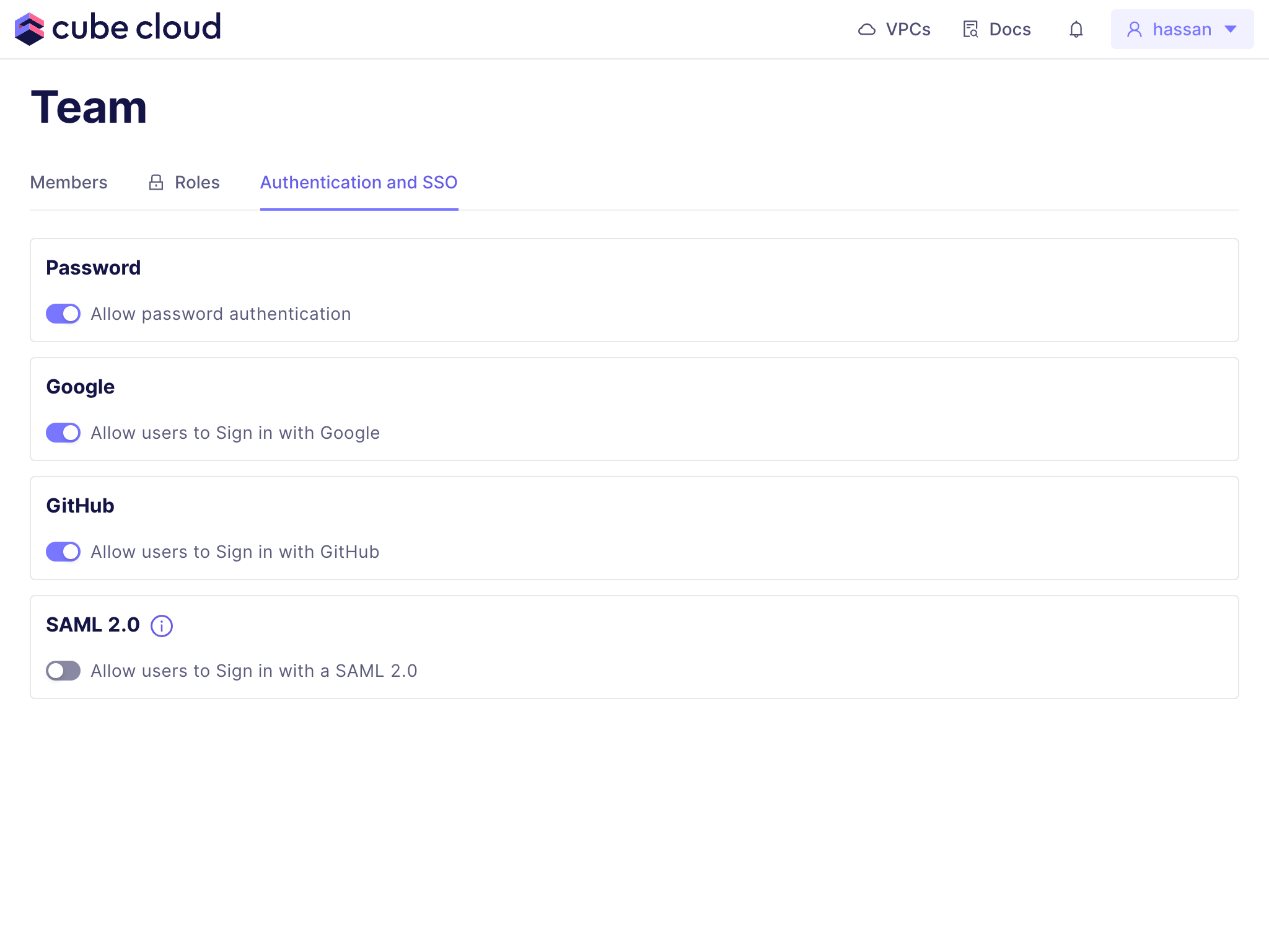 Cube Cloud Team Authentication and SSO tab