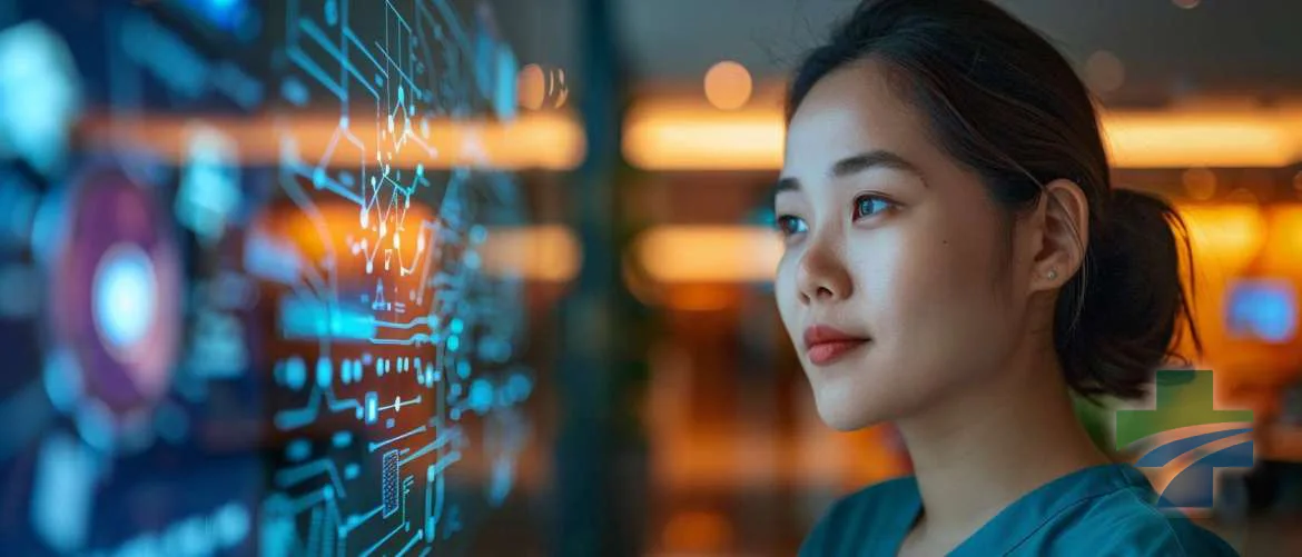 A nurse learns about AI through an animated diagram in a cozy lounge.