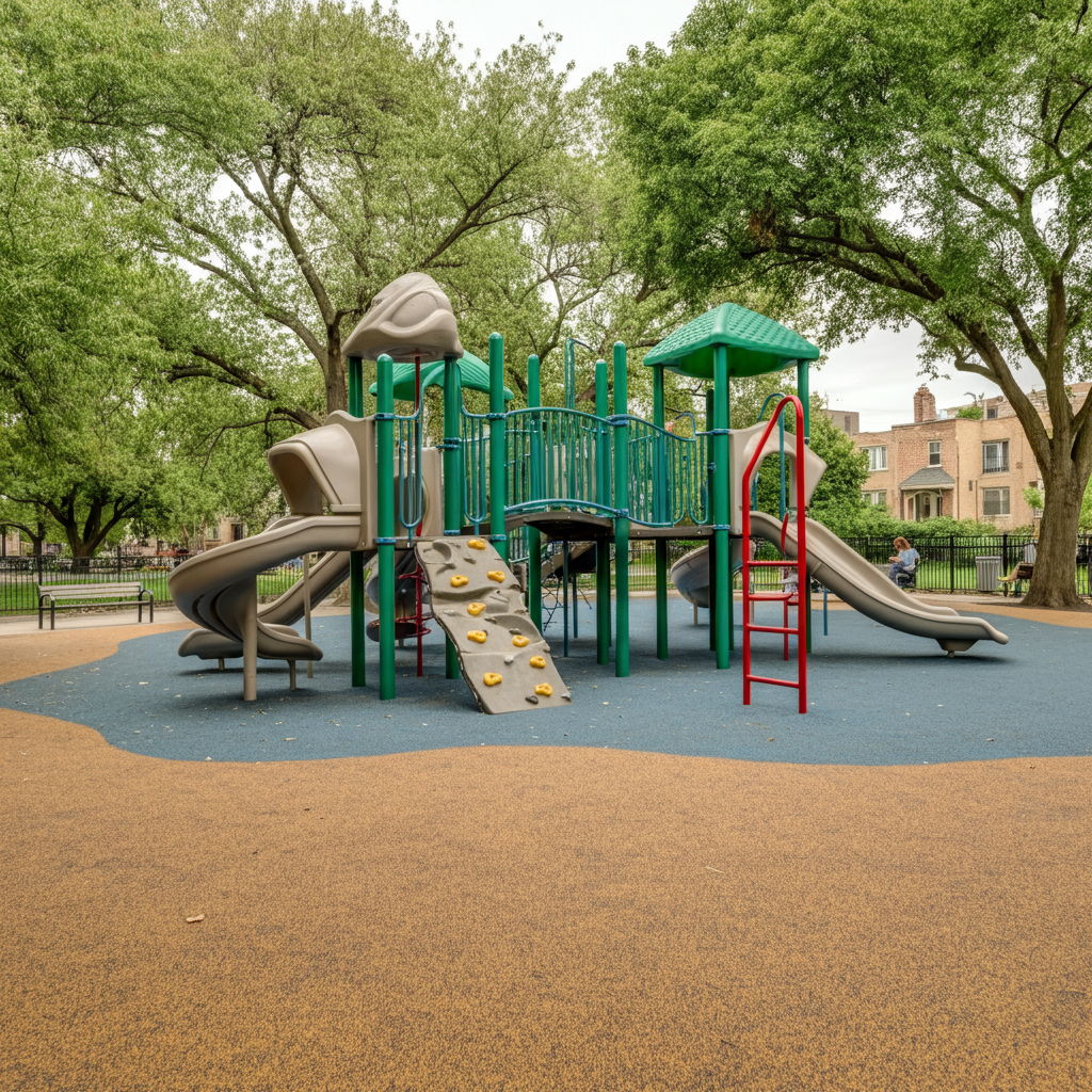 A vibrant playground scene in Lincoln Park with modern play equipment including colorful climbing structures, slides, and swings. Children of various ages play while parents socialize nearby on benches beneath shade trees. The well-maintained park space features safety surfacing and is surrounded by lush greenery with residential buildings visible in the background.