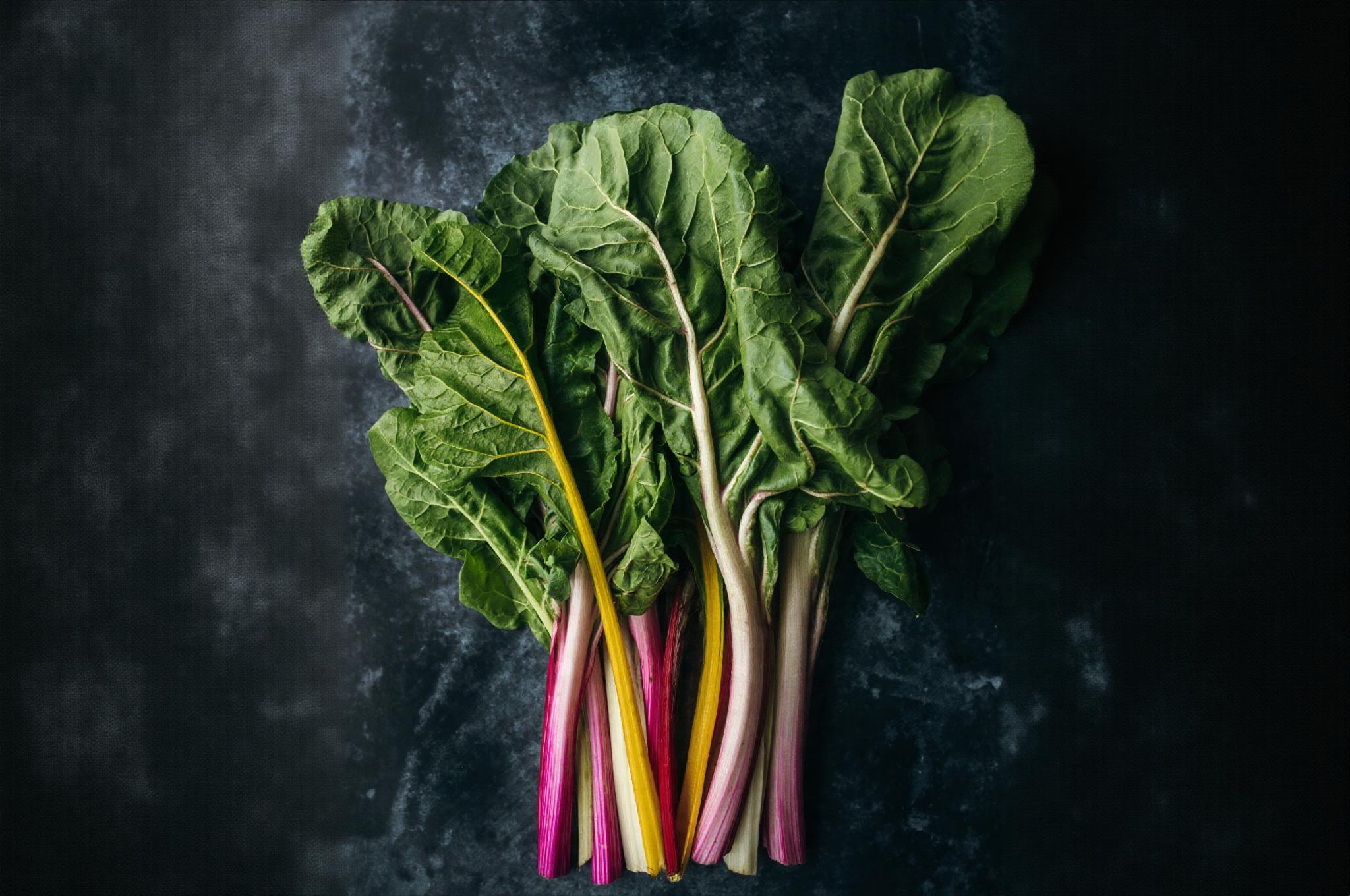 Colorful swiss chard leaves on a dark slate background