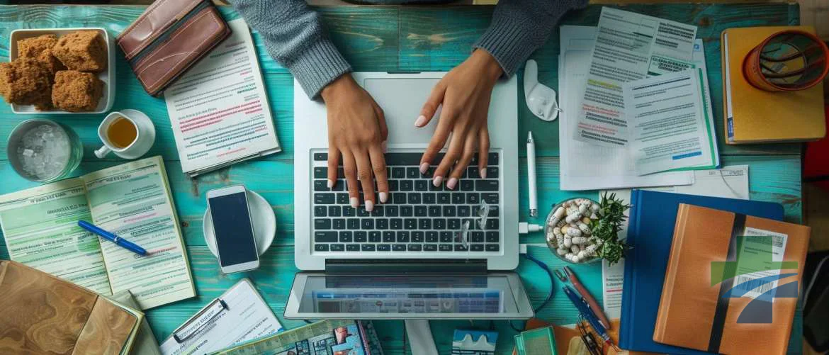 Social worker's hands busy with laptop and resources