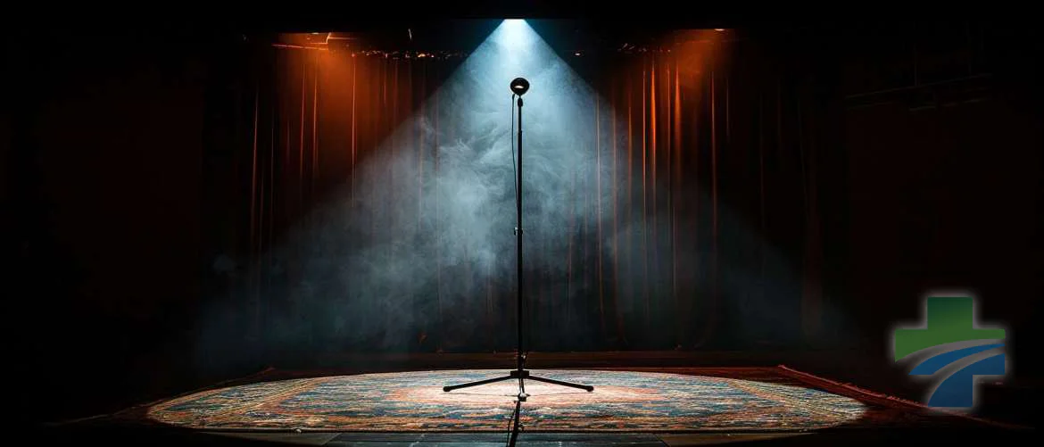 Empty stage spotlight hints at a nurse's thrilling double life as a performer.