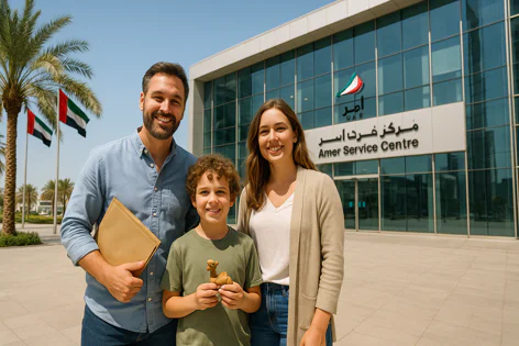 Smiling family poses outside the Amer Service Centre building in the UAE with national flags and palm trees visible.