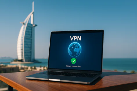 A laptop screen shows a VPN secure connection graphic on a table with the Burj Al Arab hotel and the sea visible in the background.