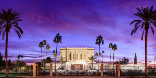 A wide shot of the Mesa Temple beneath a violet-colored sky.