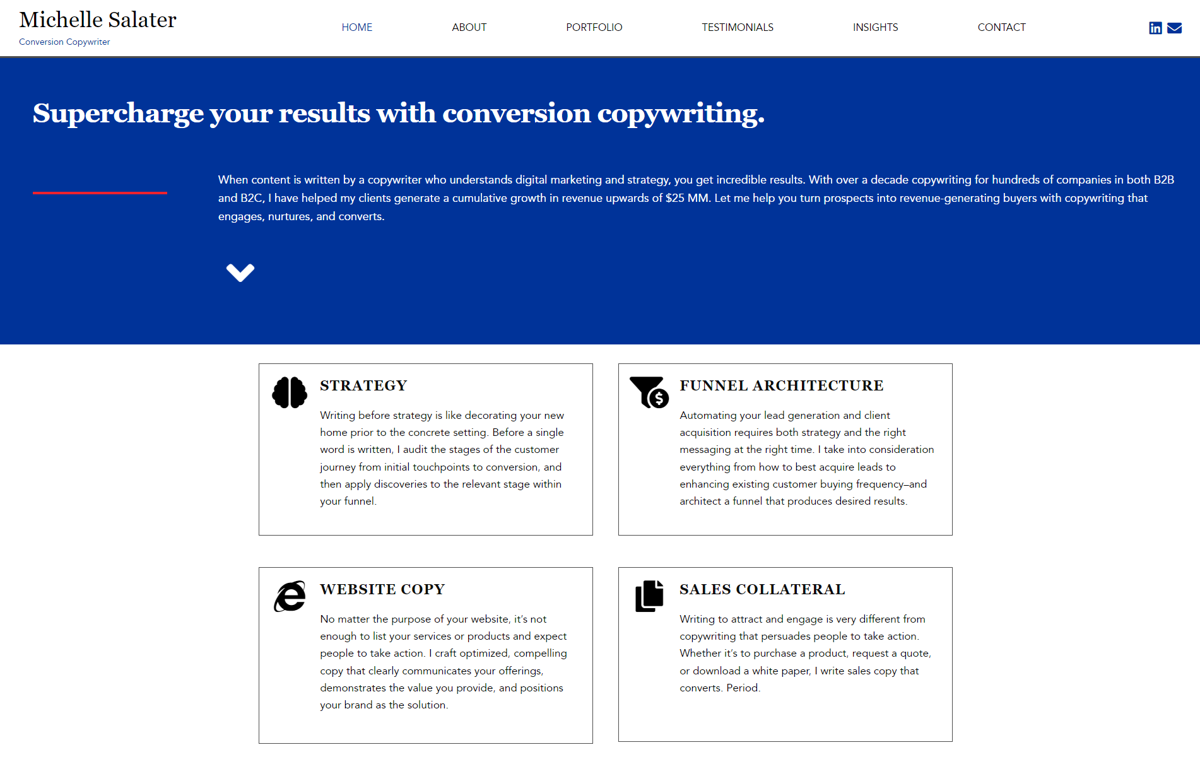 Screenshot of Michelle Salater, from the copywriting portfolios collection.