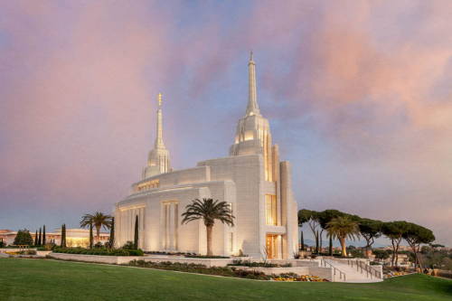 Angled photo of the Rome Italy Temple and grounds.