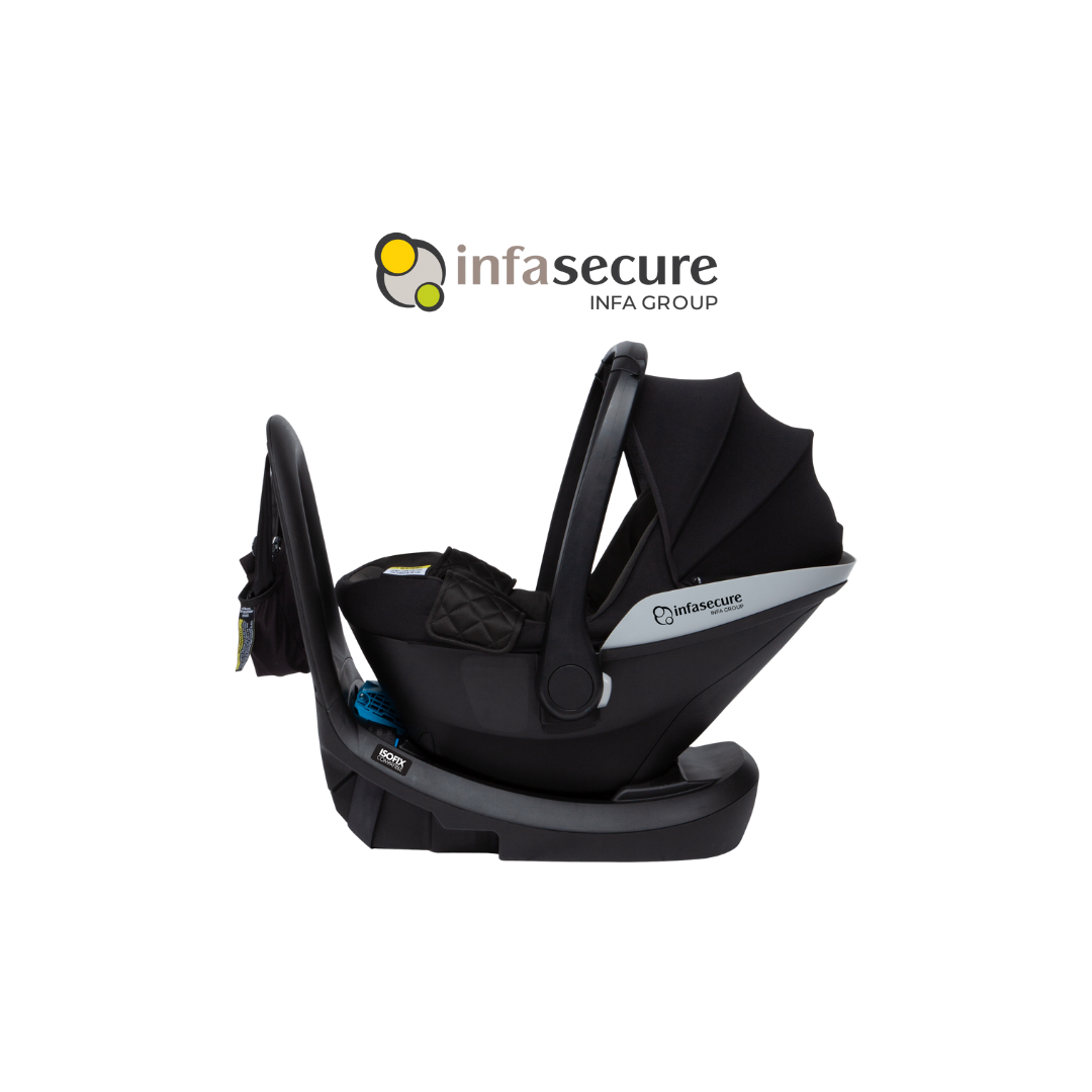 Circle shaped image showing the Infasecure Adapt More Car Casule in Black with the Infasecure logo.