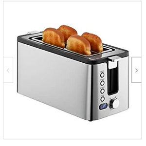 Mecity 4 Slice Toaster, Long Slot Toaster With Countdown Timer, Bagel/Defrost/Reheat/Cancel Functions,Warming Rack, Removable Tray, 6 Browning Settings, Extra Wide Slots, Stainless Steel, 1300W