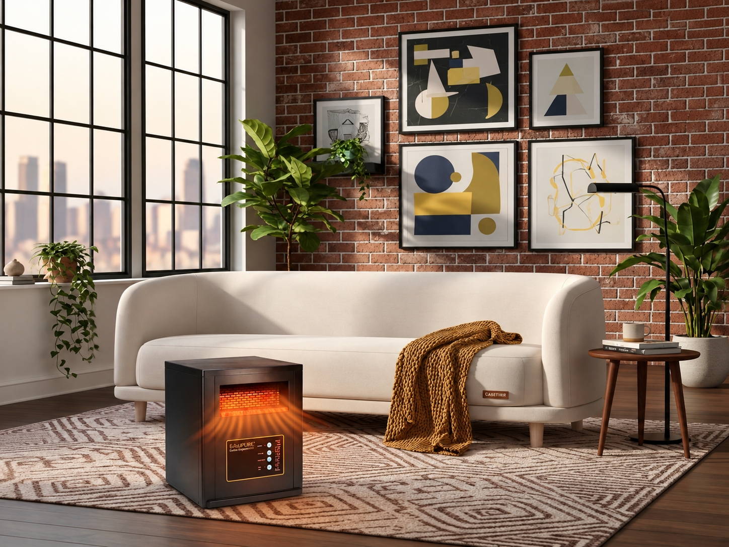 EdenPURE space heater providing supplemental warmth in a large living room