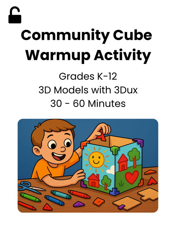 Image of a student assembling a colorful community-themed cube using a 3DuxDesign cardboard STEM kit, showcasing a hands-on project-based learning activity that builds 3D modeling skills, creativity, and early engineering thinking. Ideal for classrooms seeking engaging STEM education resources for boys and girls.