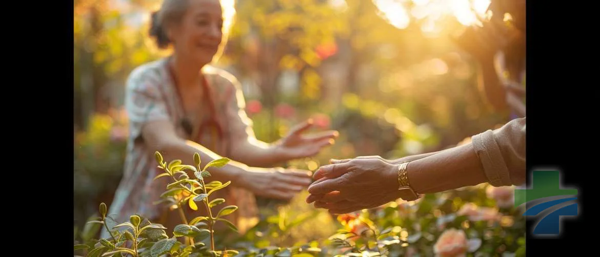 Morning light in a rehabilitation center's garden illumines patients on their recovery path.