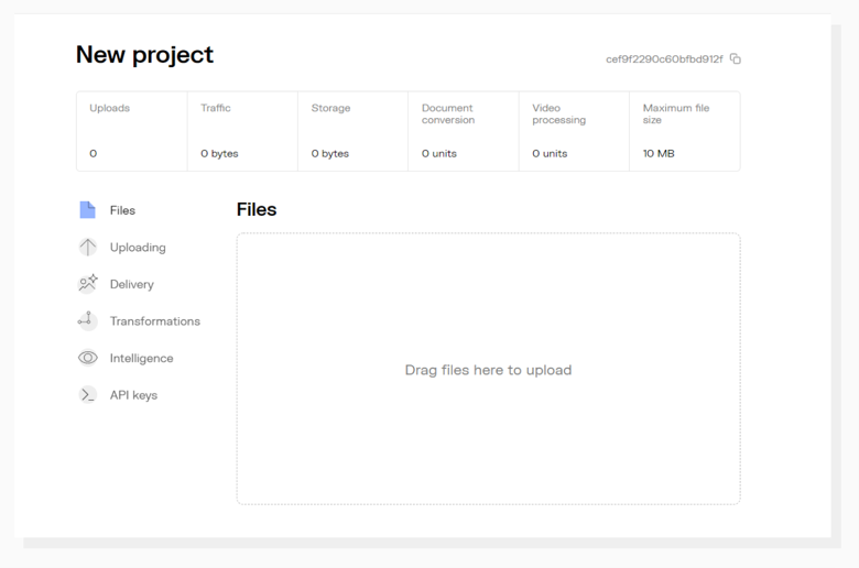 The Uploadcare Dashboard: the first thing you see when you log in. Uploadcare Dashboard