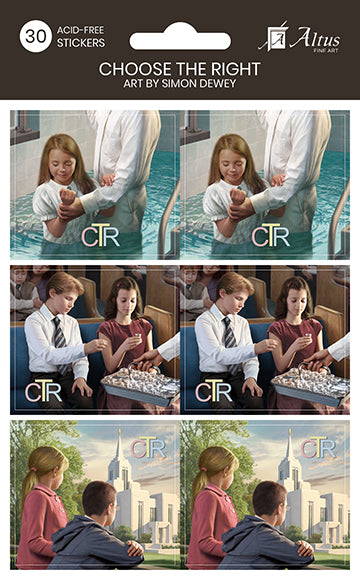 Set of Latter-day Saint primary stickers showing children getting baptized, taking hte sacrament, and looking at the temple. Each one says "CTR". 