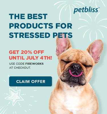 Petbliss dog and fireworks with smile and 20% off offer with claim now button.