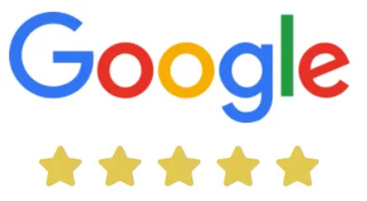 Google logo with five yellow stars beneath: 5-star rating.