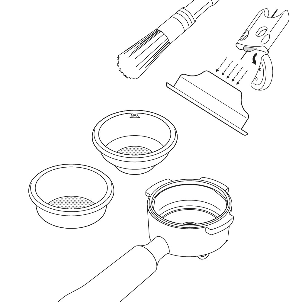 Diagram showing how to clean and unblock the portafilter and portafilter baskets