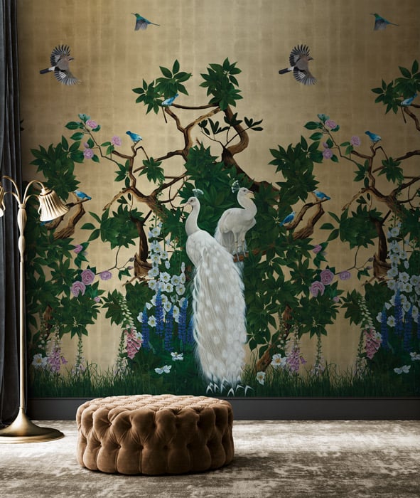 Gold chinoiserie peacock wallpaper - Feathr™ Official Site
