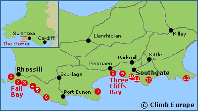 Map of the rock climbing and sport climbing areas on the Gower, near Swansea